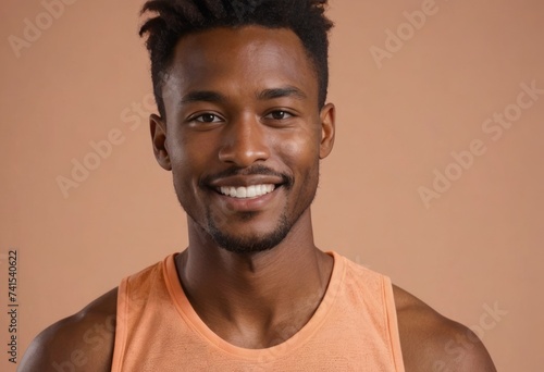 A friendly man in an orange tank top with a welcoming smile, his casual attire and warm expression suggest approachability.