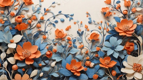 Pattern of orange flowers and indigo leaves.on white background