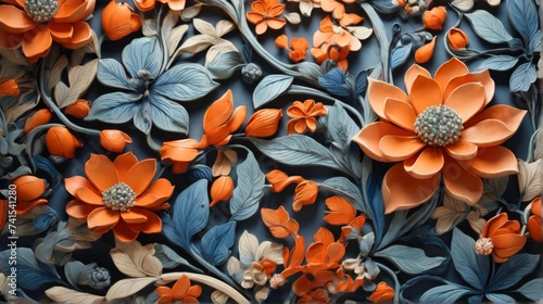 Pattern of orange flowers and indigo leaves on dark background