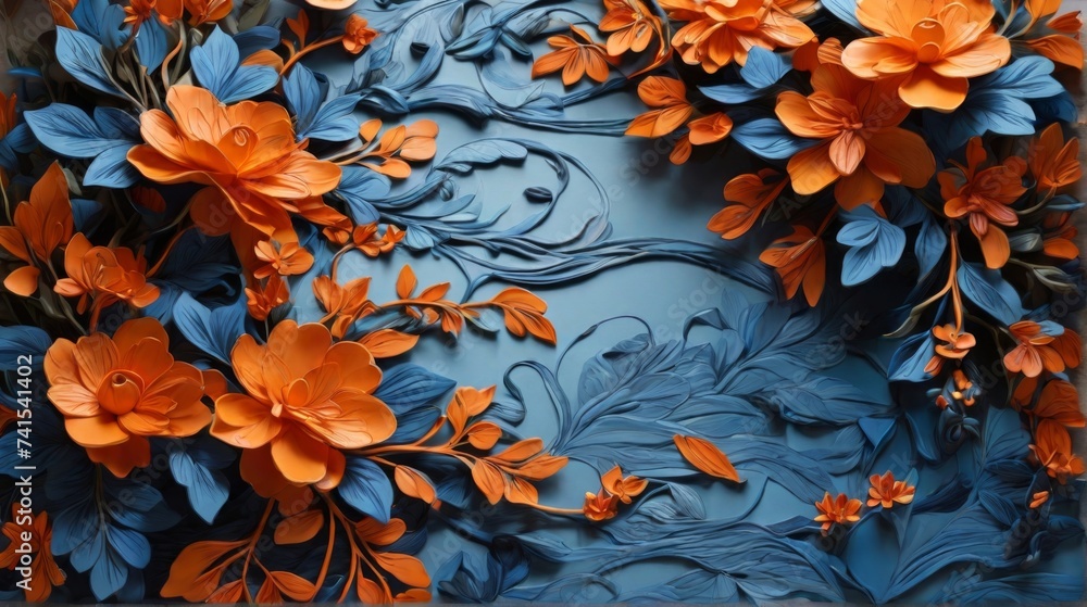 Pattern of orange flowers and indigo leaves on dark background Pattern of orange flowers and indigo leaves on dark background