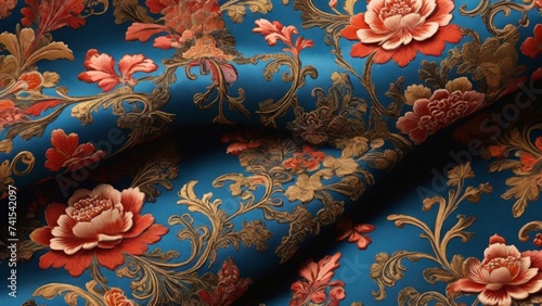 Luxurious brocade texture, paying attention to the fine details and nuances of the intricate patterns photo