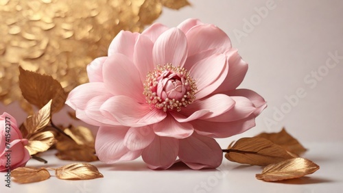 Fototapeta Naklejka Na Ścianę i Meble -  3D flowers pink flower with gold leaves on white background