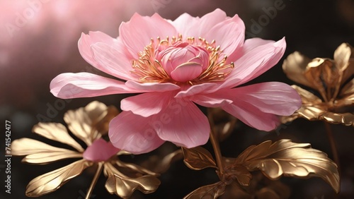 3D flowers  pink flower in close-up with gold leaves on black background