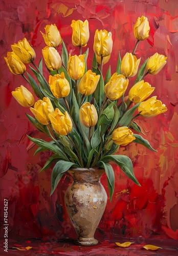 yellow tulips in a vase, gracefully painted against a vibrant red background photo