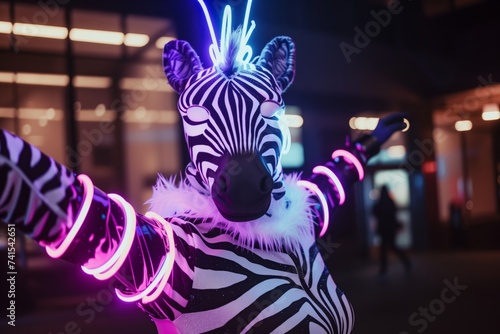 person in zebra costume with glowing neon accessories