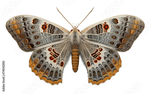 Moth with Intricate Wing Patterns Resting on a Flower on white background