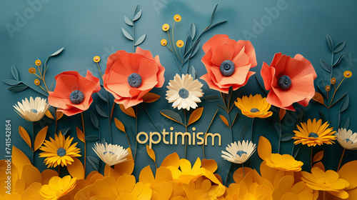layered paper artwork of flowers and word optimism, postive message, good vibes photo