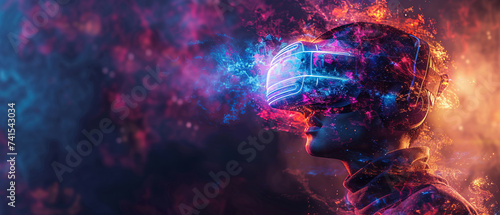 Abstract background Woman wear VR headset, Virtual Reality banner, Vivid color Pink, technology future, Background ultrawide 21:9 banner concept VR copy space © lichichu