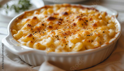 A bowl of delicious creamy home made mac and cheese. Macaroni and cheese freshly baked melted cheddar cheese,grilled crispy food. Classic American food photo