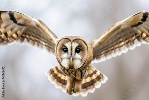 close midflight capture, owls face details sharp, background blurred photo