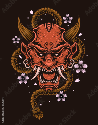 Illustration vector hannya mask, Japanese demon oni mask with ropes and sakura flower