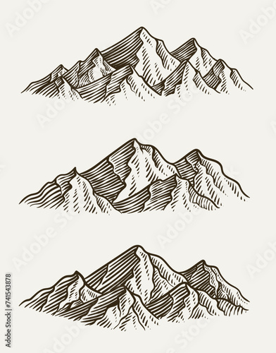 Set of mountain vintage engraving style on white background.