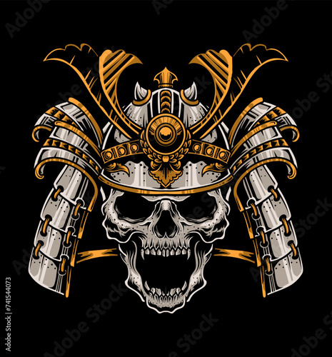 Illustration vector samurai skull head on black background