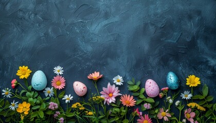 Easter holiday celebration banner greeting card banner with easter eggs and flowers.Happy easter flat lay concept
