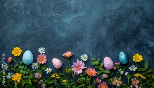Easter holiday celebration banner greeting card banner with easter eggs and flowers.Happy easter flat lay concept