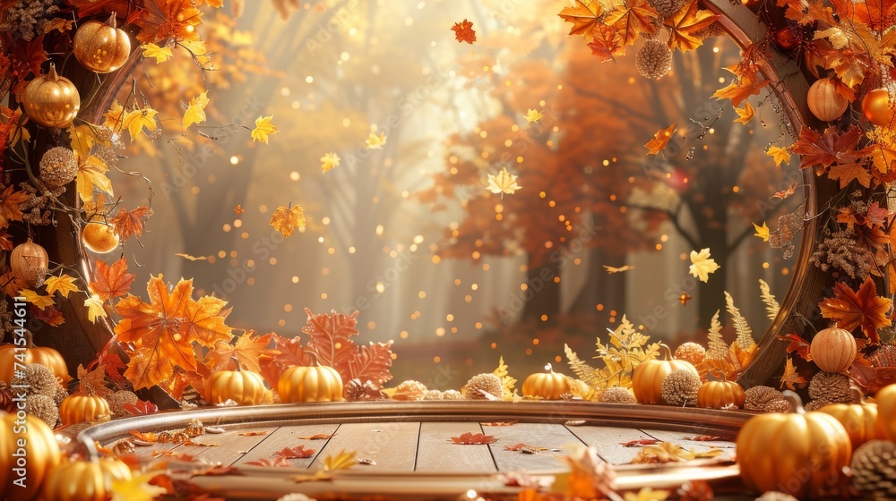 Colorful autumn leaves scattered on and around a turquoise platform, casting playful shadows in a warm, festive fall setting. - obrazy, fototapety, plakaty 