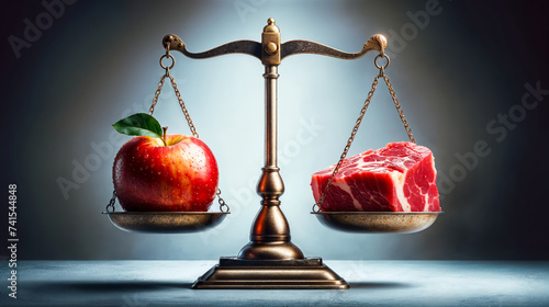 Balanced vintage scale with shiny red apple on one side and large chunk of raw red beef on other,