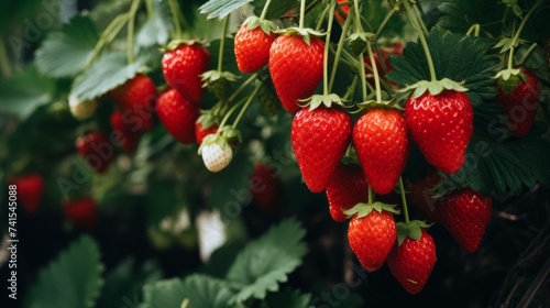 Close-up of a red strawberry hanging from a plant in a berry plantation  garden. Summer  Berry Harvesting  Plantation  Farming  Agriculture  Organic food concepts.