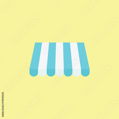 Shop sunshade isolated on yellow background. Realistic striped cafe awning. Outdoor market tent. Roof canopy. Summer street store. Vector illustration. Eps file 487..