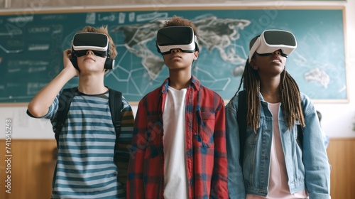 Students using ar glasses vitual reality headset in a school classroom education technology concept, modern lifestyle innovation augmented reality metaverse  photo