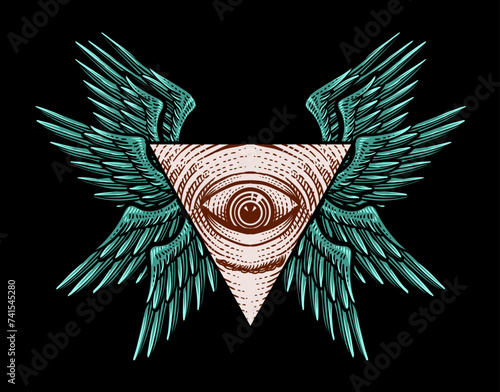 Illustration vector illuminati eye with angel wings, isolated design, tattoo design, T shirt design, Poster