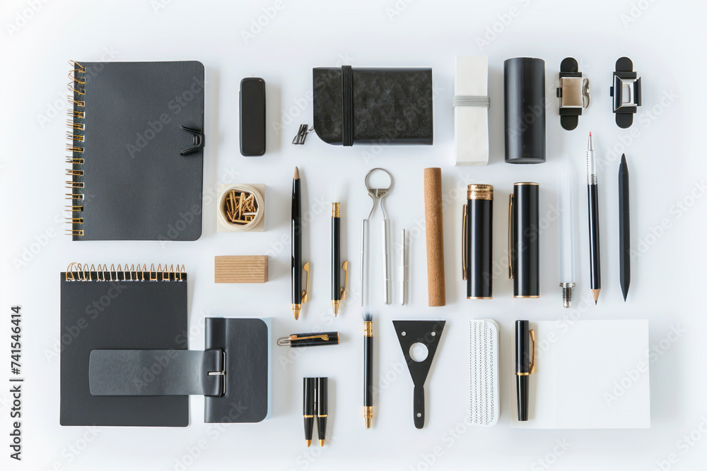 Collection of stationery items and desk accessories arranged in a flat lay. Collection of stationery items and desk accessories arranged in a flat lay.