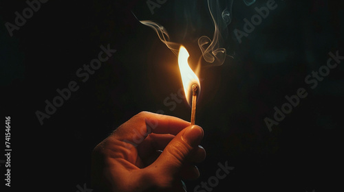 hand holding burning match with the flame on black background. Made with generative ai photo