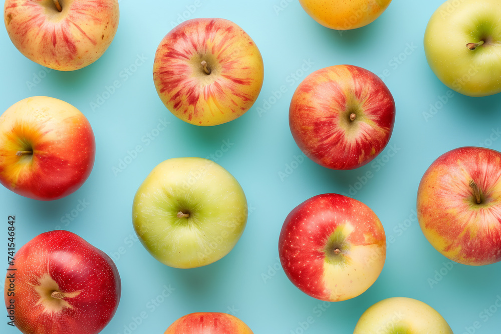 Various apples of different colors and varieties scattered on a light blue background Various apples of different colors and varieties scattered on a light blue background