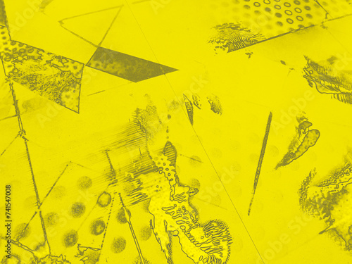 Hand painted artistic abstract painting in yellow and gray with various forms of squares, lines, and dots                               
