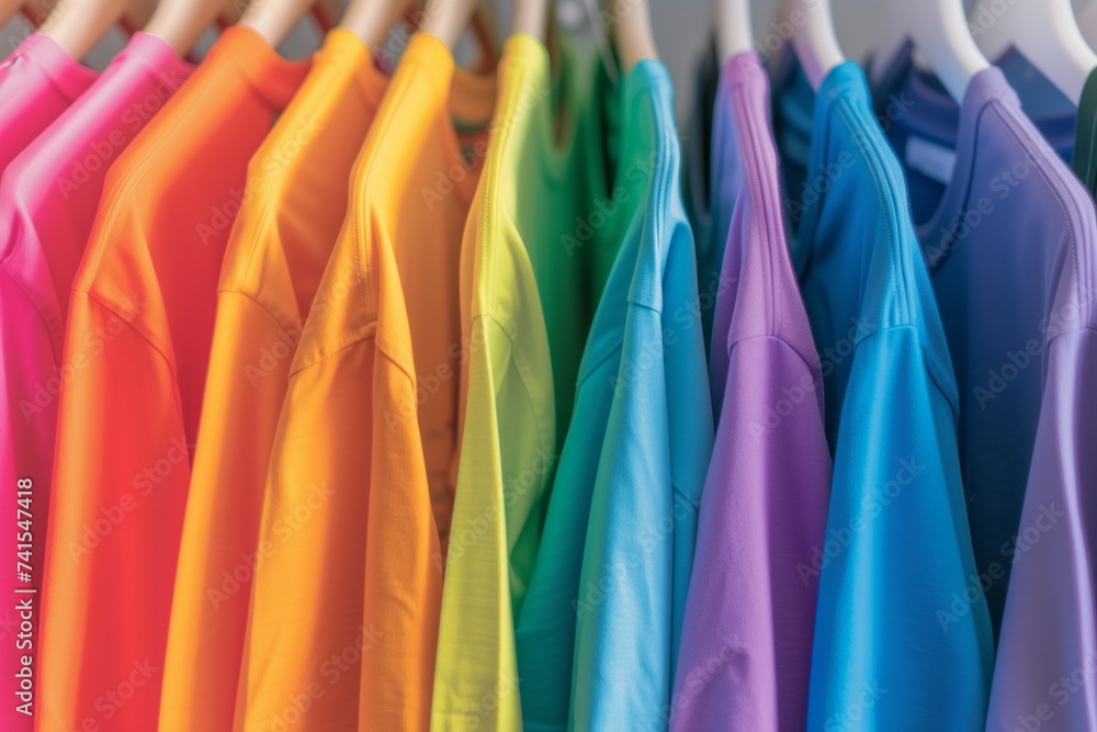 rainbow of tshirts on hangers in a neat row rainbow of tshirts on hangers in a neat row