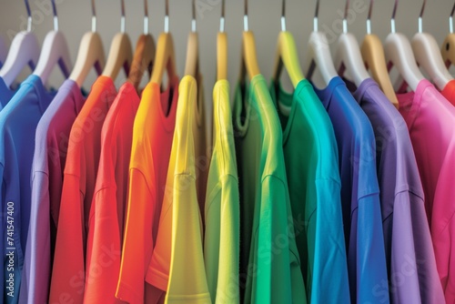 rainbow of tshirts on hangers in a neat row