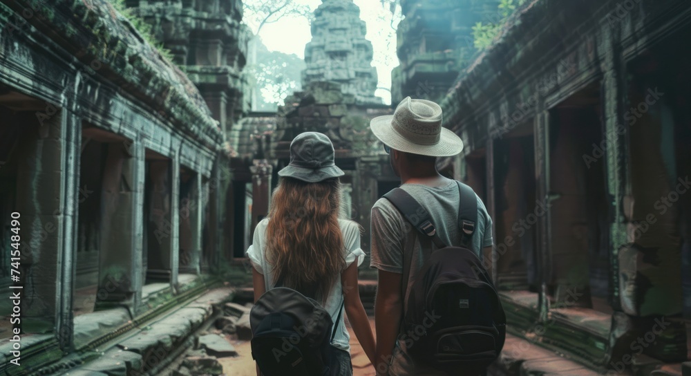 Travelers Exploring Ancient Temple Ruins. A couple of travelers with backpacks walking hand in hand, exploring the mystical ruins of an ancient temple surrounded by jungle.