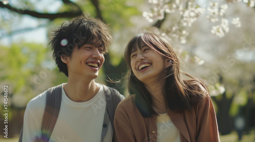 日本人の若いカップルが新緑のきれいな公園を散歩している仲睦まじい様子