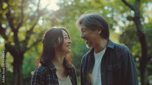 50代の日本人夫婦が新緑のきれいな公園を散歩している仲睦まじい様子 photo