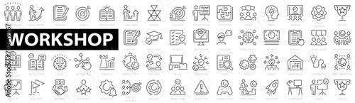 Workshop web icon set. Containing team building, collaboration, teamwork, coaching, partnership, goals, problem-solving and education and more. Vector illustration
