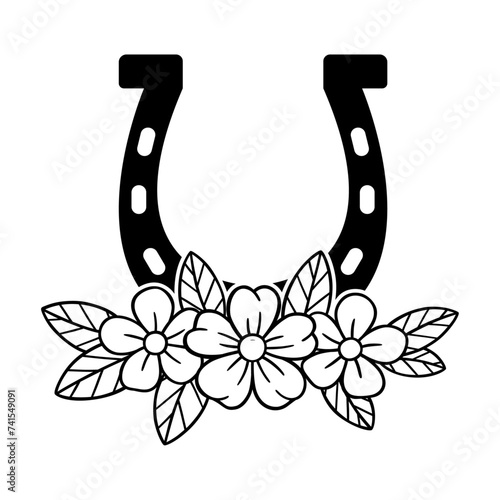 Horse Shoe Silhouette with Beautiful Floral, Horse In Horse Shoe clipart Vector, Horse Head, Horse Cut File