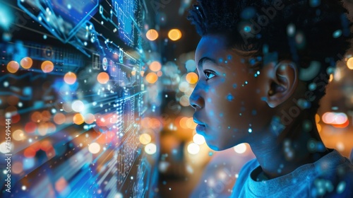 Child Mesmerized by Futuristic Digital Interface. A child is captivated by a futuristic holographic digital interface, reflecting a world of information technology and innovation on his face.
