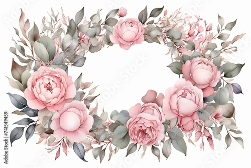 Watercolor floral frame with pink peony flowers, eucalyptus branches, eucalyptus leaves, hand painted isolated on white background photo