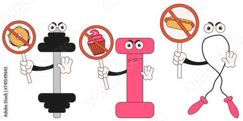 Set Fitness Character with sign isolated white background. Cute Sport concept. Sport equipment collection. Vector illustration can used Sport club posters banner flyer design. EPS 10 Editable stroke.