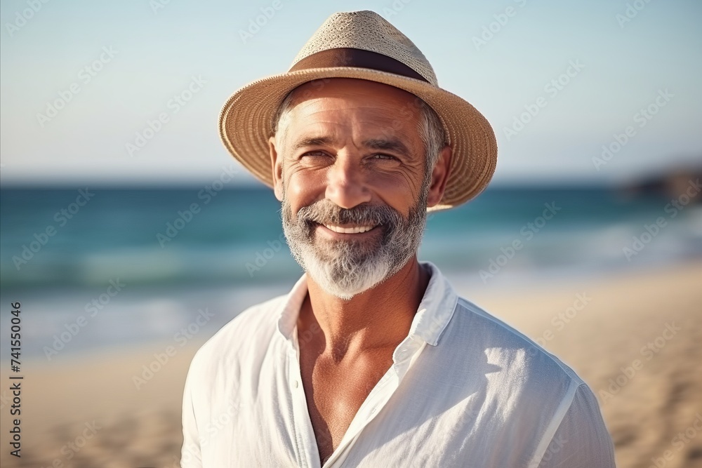 Portrait of happy senior man in hat on the beach at sunrise