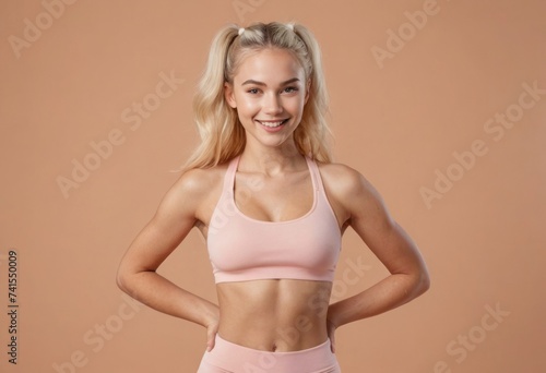 A fitness enthusiast in workout attire, holding a confident pose with hands on hips. Studio shot with a pink background.