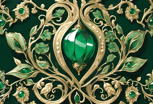 a close-up of a jewelry piece  featuring a large emerald gemstone. photo