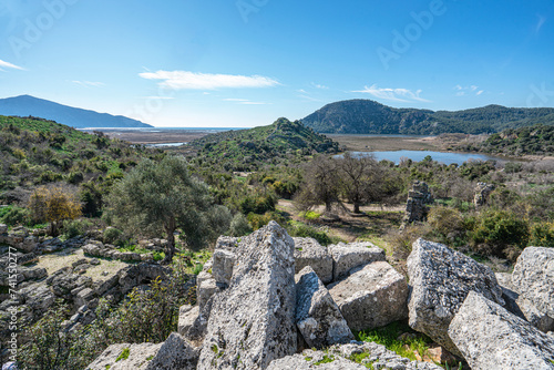 Scenic views from Kaunos and Dalyan, a city of ancient Caria, west of the modern town of Dalyan and The Calbys river ( Dalyan river) which was the border between Caria and Lycia in Muğla, Turkey © Selcuk