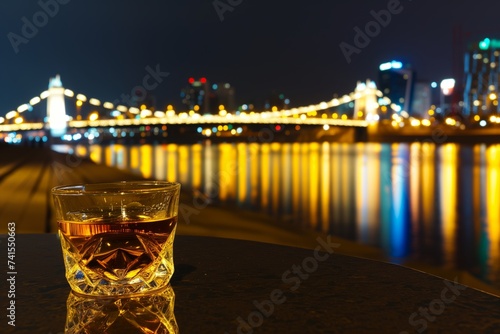 whisky on table, city waterfront with litup bridges beyond photo