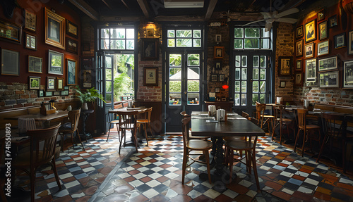 restaurant with a terracotta floor. Interior design concept photo