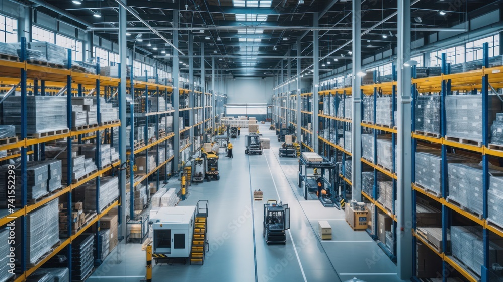 The bustling distribution warehouse hums with the orchestrated chaos of warehouse workers ensuring timely freight transportation. The bustling distribution warehouse hums with the orchestrated chaos of warehouse workers ensuring timely freight transportation.