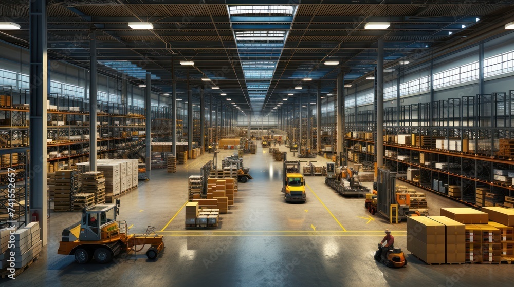 The busy distribution warehouse buzzed with activity as warehouse workers efficiently sorted and loaded freight transportation orders for delivery. - obrazy, fototapety, plakaty 