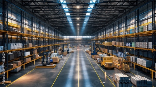 The bustling distribution warehouse hums with the organized chaos of freight transportation, as warehouse workers scurry to load and unload shipments. photo