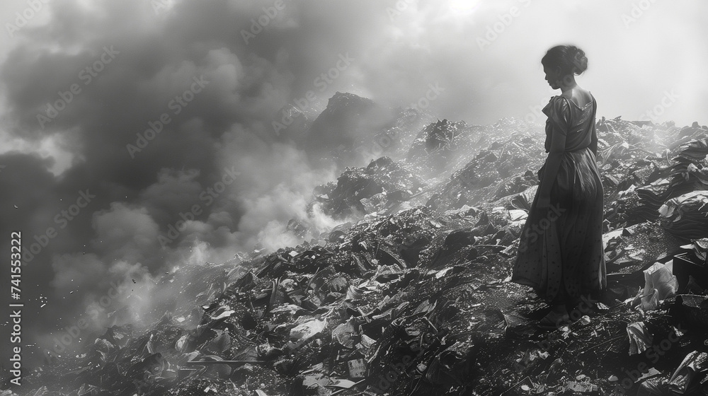 Obraz premium person in the rain on top of fast fashion landfill garbage