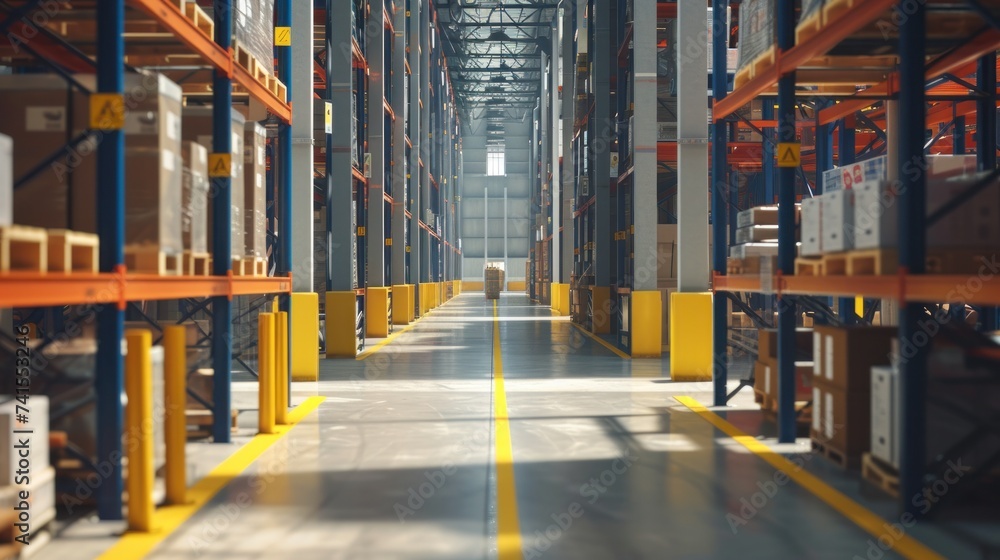 Obraz premium The bustling distribution warehouse buzzed with activity as warehouse workers efficiently loaded and unloaded freight transportation.